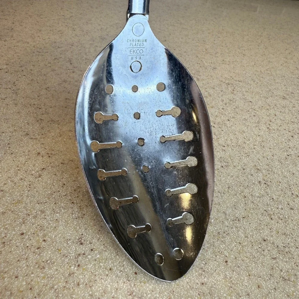 Vintage EKCO Slotted Spoon Chromium Plated‎ Black Handle USA Kitchen Utensil